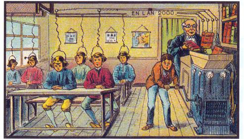 A escola do ano 2000 imaginada pelos ilustradores franceses Jean Marc CotÍ e Villemard em 1899.
